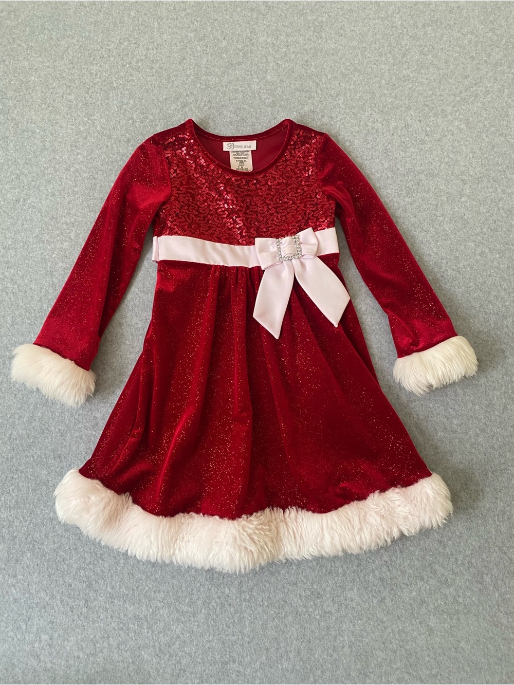 Bonnie Jean Girls Holiday Santa Dress 5 Red Sequined Glitter Velvet Long Sleeve